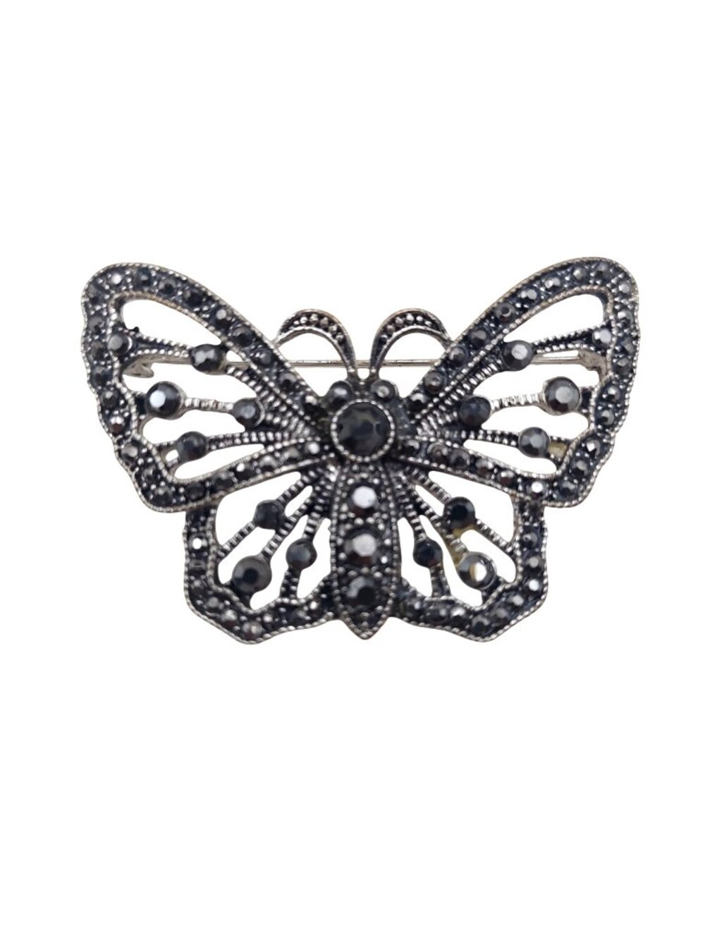 Marcasite Butterfly Brooch Pin Filigree Silver Tone Crystal Insect Vintage